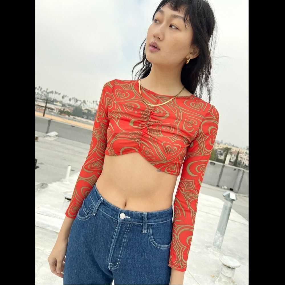 NEW Lisa Says Gah Elenor Ruched Centre Wild Hearts Long Sleeve Mesh Crop Top - Picture 2 of 10